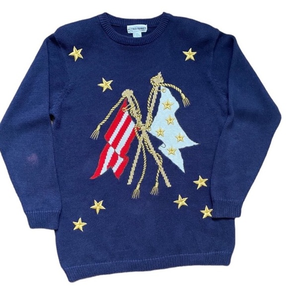 Alfred Dunner Sweaters - Vintage Alfred Dunner Womens Patriotic Embroidered Knit Sweater Size Large